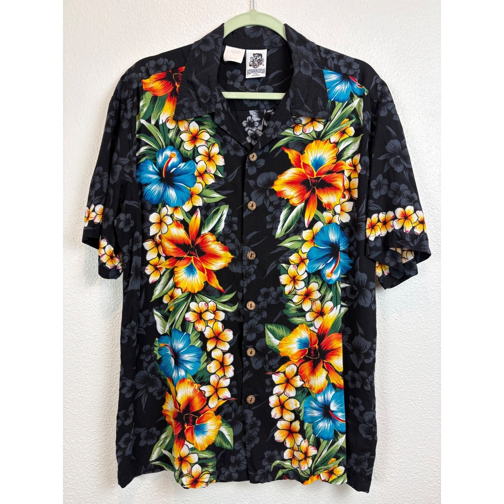 Kennington Ltd California Hawaiian Mens Shirt Large Black Floral Rayon Aloha